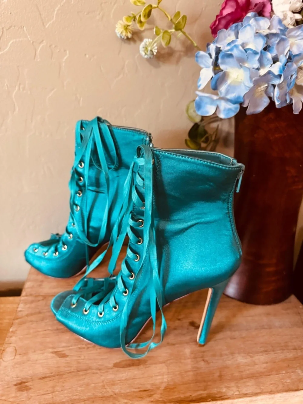 Teal Satin Lace-Up Heeled Booties Open Toe Size 9 Statement